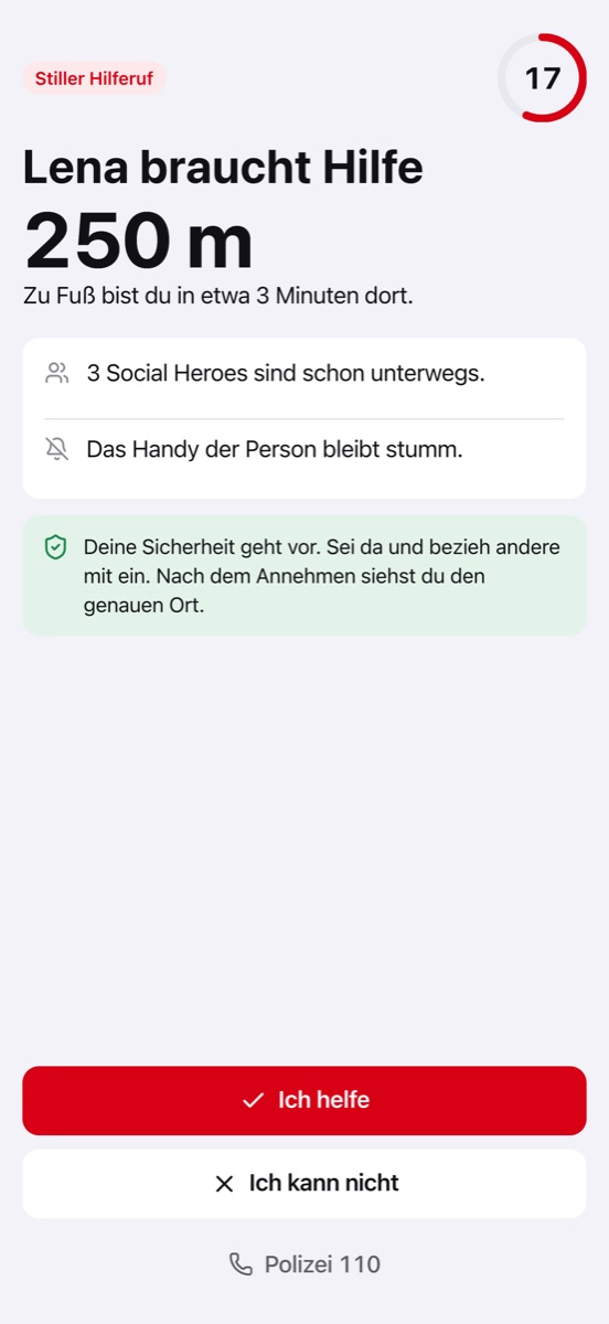 Eingehender Hilferuf bei einem Social Hero: „Lena braucht Hilfe, 250 m“, darunter „Ich helfe“