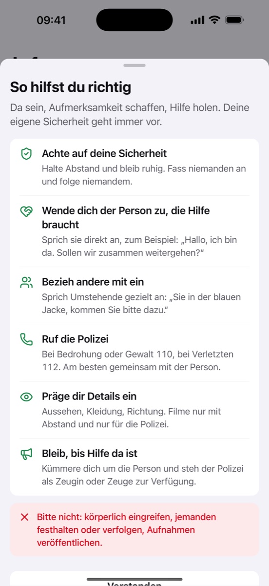 Hinweise in der App: Achte auf deine Sicherheit, sprich die Person an, bezieh andere mit ein, ruf die Polizei
